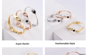 Close-up of elastic stainless steel bracelets with rhinestones in gold, rose gold and silver