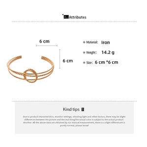 Detailed specifications of gold triple-layer geometric iron cuff bracelet with ring detail