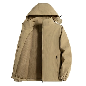 Men's khaki hooded windbreaker jacket with breathable mesh lining and zippered pockets