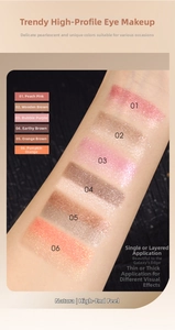 Arm swatches of six shimmer eyeshadow shades including peach, brown and purple tones