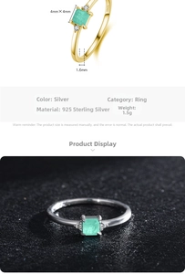 Macro detail showing 925 sterling silver ring dimensions and green square zircon stone