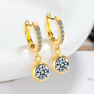 Golden huggie hoop earrings with pave cubic zirconia and large round drop stones