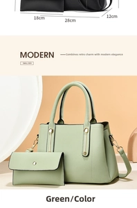 Detail view of green pebbled leather tote bag and matching envelope clutch set dimensions