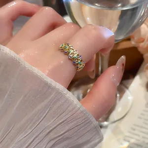 Vintage 18k gold plated open ring with colorful enamel flower and star zircon accents