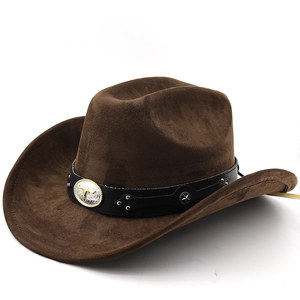 Detail of western cowboy hat with suede texture and metallic bull head buckle decoration