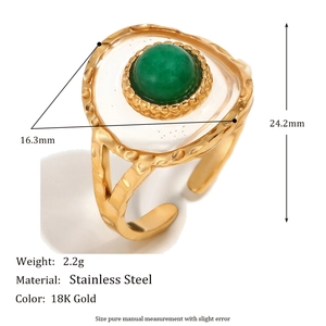 Retro 18K gold plated stainless steel open ring with green acrylic stone inlay