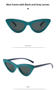 Detail view of blue cat-eye sunglasses with dark lenses showing front and side profile