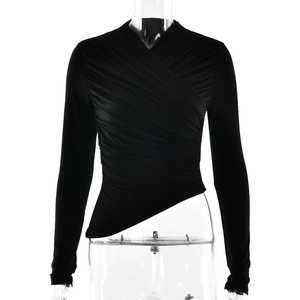 Women's black V-neck long sleeve T-shirt with ruched details and asymmetrical hem