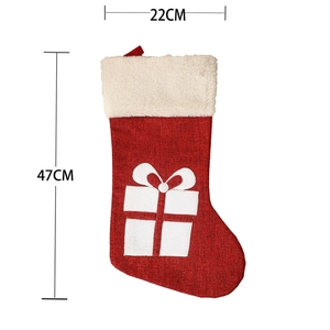 Red linen Christmas stocking with white faux fur trim and gift box pattern, 47cm length