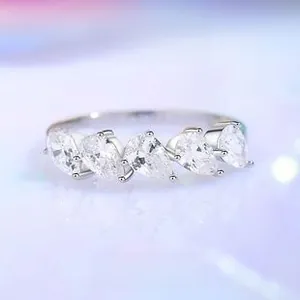 Detailed close-up of S925 sterling silver ring featuring five pear-cut white zirconias
