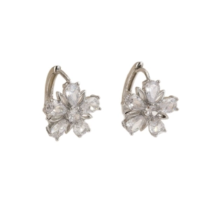 Elegant floral brass earrings with sparkling cubic zirconia in a bright silver finish