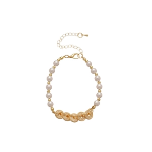 New Chinese style pearl and gold coin bracelet with sparkling zircon stones and adjustable clasp