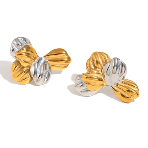 Minimalist two-tone 18K gold plated stainless steel floral leaf stud earrings for women