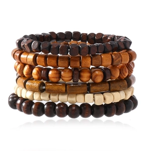Set of 6 handmade multilayered elastic wood bead bracelets in vintage brown tones