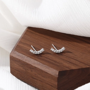 Curved Smile Stud Earrings With 925 Sterling Silver Earring Post And Cubic Zirconia Minimalist Fashion For Women
