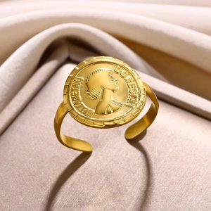 18K gold plated stainless steel open ring with round Elizabeth II coin motif