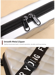 Detail of silver hard shell mini suitcase bag featuring smooth double zippers and woven strap