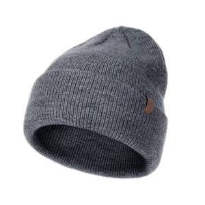 Close-up of dark grey knitted winter hat showing detailed warm fabric texture and cuff