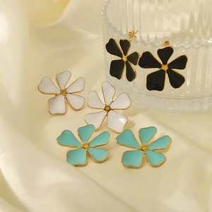 Flower Earrings Stainless Steel With 18K Gold Plating Enamel Daisy Clover Floral Statement Jewelry For Women