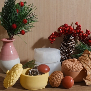 DIY silicone mold for acorn-shaped storage jar with lid featuring plant texture