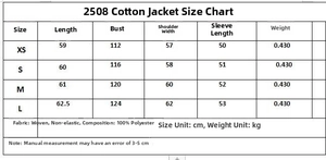 Detailed size chart for animal print cotton jacket with measurements from XS to L