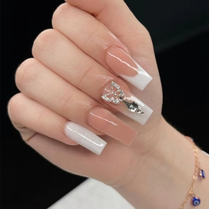 French Style Ombre Press On Nails Mid-length Coffin Ballerina Nude Pink White Tips 3D Butterfly Rhinestone Nail Art