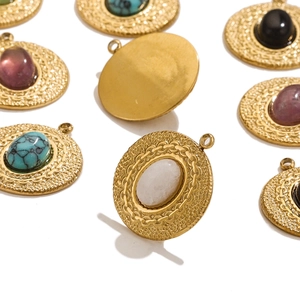 Vintage Round Pendant Charms Stainless Steel Natural Stone Inlay Geometric Texture Bohemian Jewelry Making Findings For Women