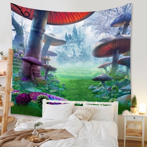 Detail of bohemian mushroom tapestry with fairytale castle and cherry trees for room wall decor