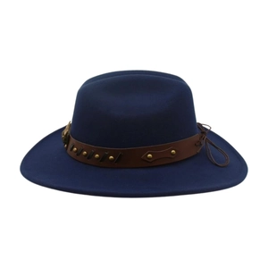 Close-up of navy wool fedora hat featuring a brown leather band with metallic rivets