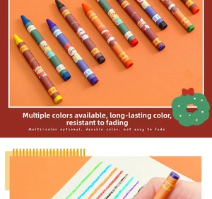Detailed view of Christmas themed crayons with holiday patterns and hand color swatches