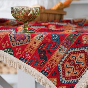 Ethnic style red jacquard tablecloth with bohemian fringe edges and Persian patterns