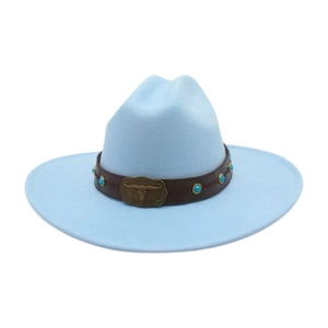Detail of light blue wool felt cowboy hat featuring leather band and ox head buckle