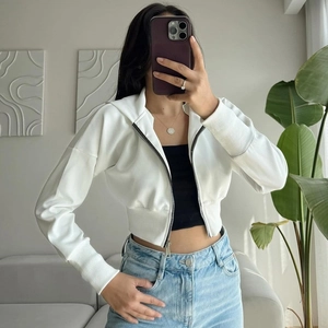 Chic white zip-up hooded knit cardigan with long sleeves for women, stylish 2024 fall fashion