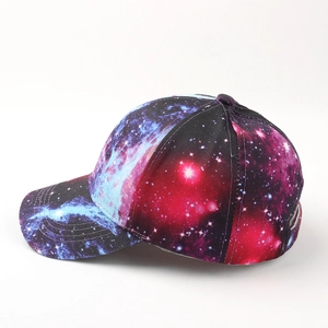 Detail view of 3D colorful galaxy print baseball cap with precise stitching on high-quality fabric