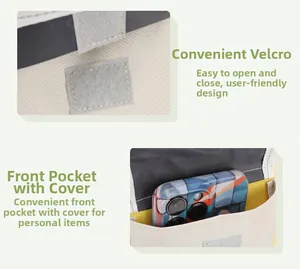 Detail of the cat carrier bag with velcro closure and a front pocket for smartphone storage