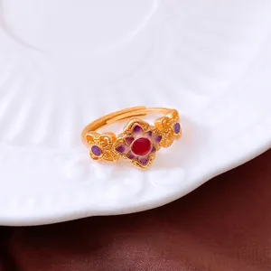 Vintage 24K gold plated hollow flower ring with red gemstone and purple enamel