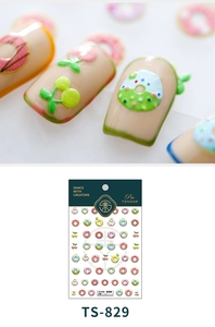 Macro detail of 5D donut embossed nail stickers and practical application on nails
