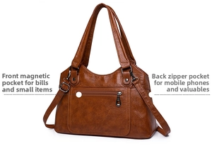 Sac à main en cuir marron avec poche magnétique avant et poche arrière zippée