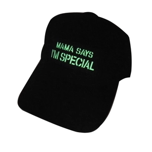 Black baseball cap featuring Mama Says I'm Special green embroidered text slogan