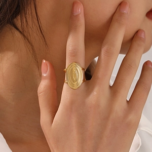 Minimalist 18K gold plated oval ring with radial relief texture for women