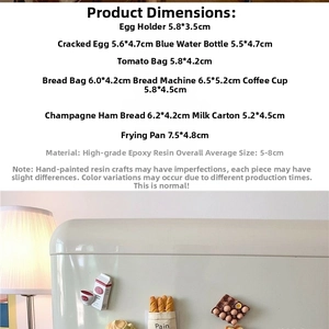 Detailed size specifications for 3D resin food magnets showing diverse breakfast styles