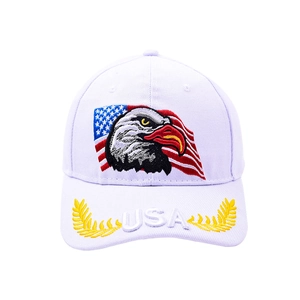 Detailed embroidery of an eagle and US flag on a white cotton baseball cap with USA text