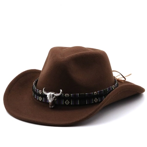 Brown wool felt cowboy hat featuring ethnic braided band and silver bull head ornament