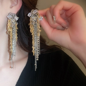 Close-up of elegant long tassel earrings with sparkling rhinestones on model