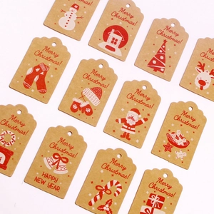 Set of 100 brown kraft paper Christmas gift tags with festive red Merry Christmas prints