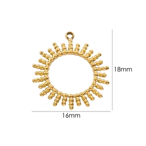 Detailed view of sunburst gold pendant measuring 18mm by 16mm in size for jewelry DIY