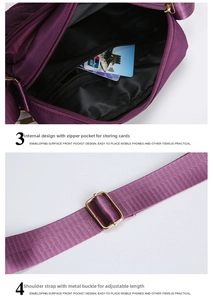 Detail view showing internal zipper pocket and adjustable metal strap buckle on purple bag