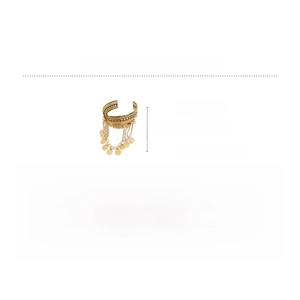 Detail view of gold iron cuff bracelet with coin charms and dimensions 12cm by 8.8cm