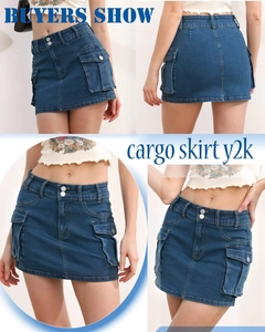 Detail shot of blue denim cargo skirt showing large utility pockets and Y2K vintage style
