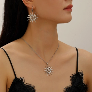 18k gold plated stainless steel sunburst pendant necklace and matching stud earrings set